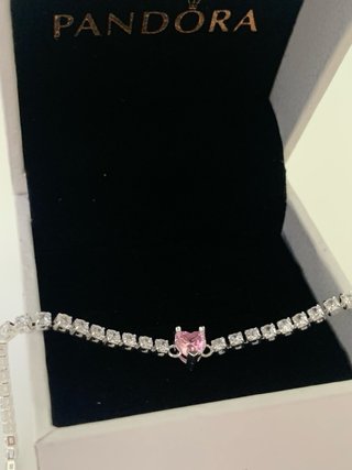 Pulsera Pandora Corazón Rosa Brillantes 18cm