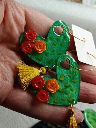 Pendientes Corazón Cactus Flores Dorados