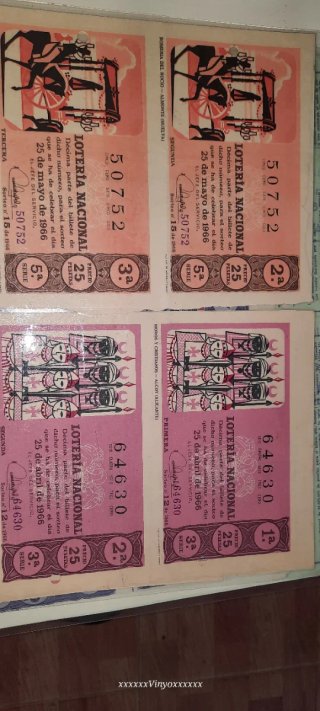 Lote 5 Décimos Lotería Nacional 1966 plastificados