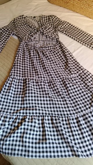 Vestido largo cuadros vichy negro y blanco