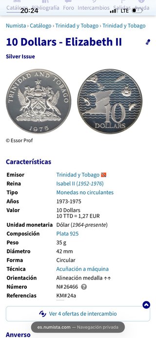 Moneda 1974 Plata 925 35g Trinidad y Tobago