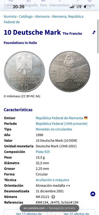 Moneda 1998 Plata 925 15,5g Alemania 10 Mark