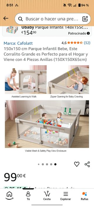 Parque de juegos para bebé. Corralito 150 x 150
