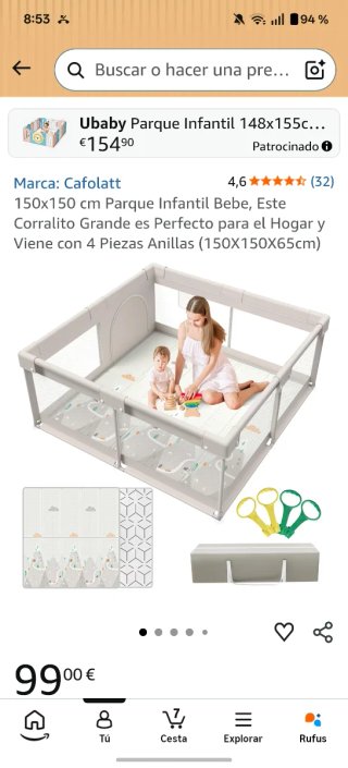 Parque de juegos para bebé. Corralito 150 x 150