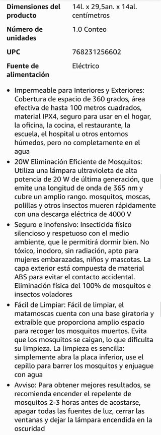 Lampara Antimosquitos 20W Electrica Mata Mosquito