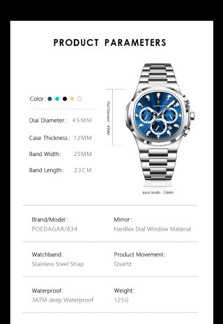 Reloj POEDAGAR Hombre Cronógrafo Azul Plata