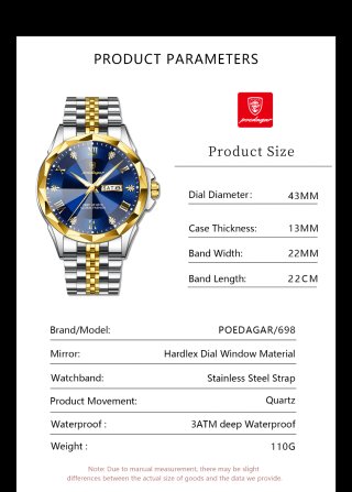 Reloj Poedagar Hombre Azul y Dorado