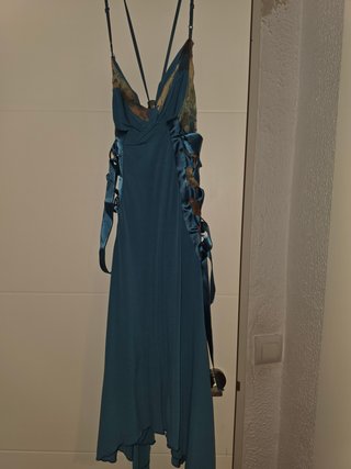 Vestido largo fiesta dorado y verde azulado