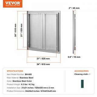Puerta de Acceso para BBQ, Puerta Doble para Cocina Exterior de 610x610 mm, Puerta de Montaje Flush de Acero Inoxidable, Puerta Vertical de Pared con Mangos Rehundidos, para Isla de BBQ, Estación ...