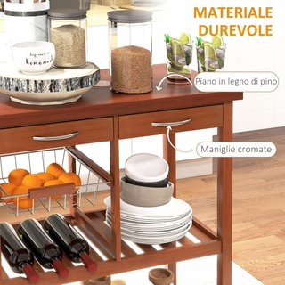 Carro de Cocina de Madera con Soporte para Botellas, Cesta, 2 Estantes, 2 Cajones, Madera de Pino, Resistente, Fácil de Mover, Versátil, 84.5X37.2X85Cm