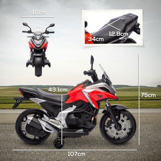 Moto Eléctrica para Niños de 3-6 Años Licencia Honda Con Faros, Música y Ruedecillas, Moto Juguete en PP y Metal, 107X46X75 Cm, Rojo