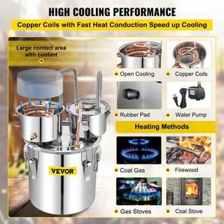 Alambique de Alcohol, Destilador de Agua de 50L SUS con Condensador y Keg Thumper, Caldera para Elaboración de Vino de 13.2 Gal con Tubo de Cobre, Kit de Elaboración en Casa con Termómetro Integra...