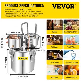 Alambique de Alcohol, Destilador de Agua de 50L SUS con Condensador y Keg Thumper, Caldera para Elaboración de Vino de 13.2 Gal con Tubo de Cobre, Kit de Elaboración en Casa con Termómetro Integra...