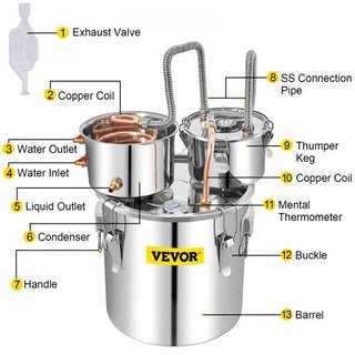 Alambique de Alcohol, Destilador de Agua de 50L SUS con Condensador y Keg Thumper, Caldera para Elaboración de Vino de 13.2 Gal con Tubo de Cobre, Kit de Elaboración en Casa con Termómetro Integra...