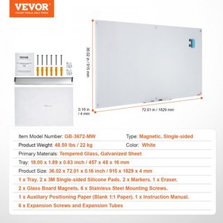 Pizarra Blanca Magnética de Vidrio, Tablero de Borrado en Seco 72"x36", Pizarra de Vidrio Grande Montada en la Pared Sin Marco, con Bandeja para Marcadores, un Borrador y 2 Marcadores, Blanca