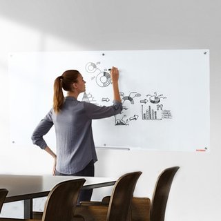 Pizarra Blanca Magnética de Vidrio, Tablero de Borrado en Seco 72"x36", Pizarra de Vidrio Grande Montada en la Pared Sin Marco, con Bandeja para Marcadores, un Borrador y 2 Marcadores, Blanca