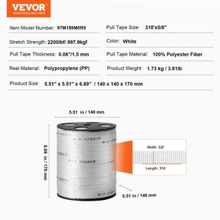 Cinta de Tirar de Poliéster, 5/8" x 318' Cinta Plana Mule, Capacidad de Tensión de 2200 lbf, Cinta de Tirar de Cable Impresa para Embalaje, Jardinería, Eléctrico Comercial, Trabajo de Conductos, B...
