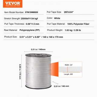 Cinta de Tirar de Poliéster, 3/4" x 265' Cinta Plana Mule, Capacidad de Tensión de 2500 lbf, Cinta de Tirar de Cable con Webbing Impreso para Empaque, Jardinería, Eléctrico Comercial, Trabajo de C...