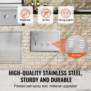 Puerta de Acceso para BBQ, Puerta de Cocina Exterior Individual de 508x356 mm, Puerta Montada a Ras de Acero Inoxidable, Puerta Vertical de Pared con Mango y Ventilaciones, para Isla de BBQ, Estac...