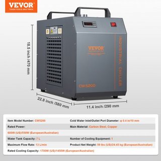 Enfriador de Agua Industrial, CW-5200, Sistema de Enfriamiento de Agua Industrial con Compresor Incorporado, Capacidad del Tanque de Agua de 7L, Tasa de Flujo Máxima de 18 L/min, para Máquina de G...