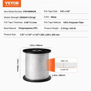 Cinta de Tirar de Poliéster, 3/4" x 318' Cinta Plana Mule, Capacidad de Tensión de 2500 lbf, Cinta de Tirar de Cable Impresa para Embalaje, Jardinería, Eléctrico Comercial, Trabajo de Conductos, B...