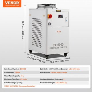 Enfriador de Agua Industrial, CW6000, Sistema de Enfriamiento de Agua Industrial de 1500W con Compresor, Capacidad del Tanque de Agua de 15L, Tasa de Flujo Máxima de 65 L/min, para Máquina de Grab...