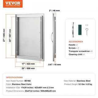 Puerta de Acceso para BBQ, Puerta de Cocina Exterior Individual de 508x686 mm, Puerta de Montaje Flush de Acero Inoxidable, Puerta Vertical de Pared con Mango, para Isla de BBQ, Estación de Parril...