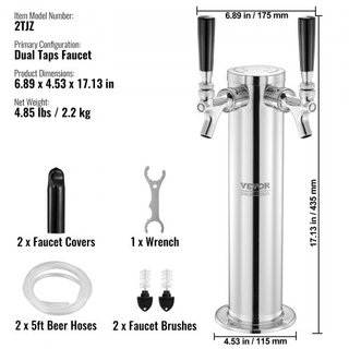 Dispensador de Torre de Cerveza de Doble Grifo, Torre de Cerveza de Acero Inoxidable, Kit de Torre Kegerator con Tubos Preensamblados y Grifos de Cierre Automático para Fiesta, Bar, Pub, Restaurante