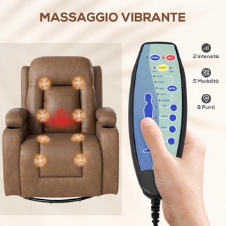Sillón Masajeador Reclinable Manual, Sillón Relax Giratorio, Lumbar Calefactable Con Balanceo, Portavasos, Control Remoto, Reposapiés, Bolsillos Laterales, en Piel PU, Marrón Claro