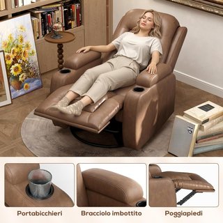 Sillón Masajeador Reclinable Manual, Sillón Relax Giratorio, Lumbar Calefactable Con Balanceo, Portavasos, Control Remoto, Reposapiés, Bolsillos Laterales, en Piel PU, Marrón Claro