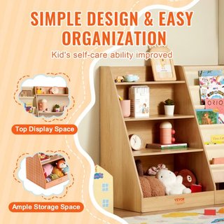 Estantería de Madera para Niños de 4 Niveles, Librero de Tela de Seis Capas, Estante de Almacenamiento para Bebés, Armario Organizador de Libros y Juguetes, para Habitación Infantil, Sala de Juego...