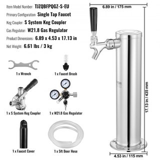 Kit de Torre de Kegerator, Kit de Conversión de Cerveza de Un Solo Grifo, Dispensador de Torre de Cerveza de Acero Inoxidable con Regulador de Doble Medidor W21.8 y Acoplador de Barril de Sistema ...