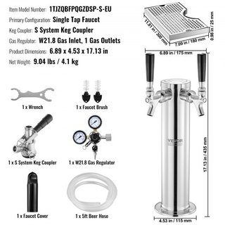 Kit de Torre de Kegerator, Kit de Conversión de Cerveza de Un Solo Grifo, Dispensador de Torre de Cerveza de Acero Inoxidable con Regulador de Doble Medidor W21.8 y Acoplador de Barril de Sistema ...