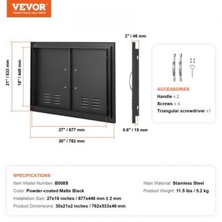 Puerta de Acceso para BBQ, Puerta Doble para Cocina Exterior de 762x533 mm, Puerta de Montaje Flush de Placa Fría, Puerta Vertical de Pared con Manijas y Ventilaciones, para Isla de BBQ, Estación ...