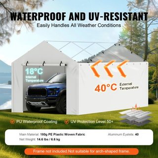 Cubierta de Lona de Reemplazo para Carport con Pared Lateral 10 x 20 pies, Refugio de Garaje Toldo Resistente al Agua y Protegido contra UV, Instalación Fácil con Bungee de Bola, Blanco (Parte Sup...