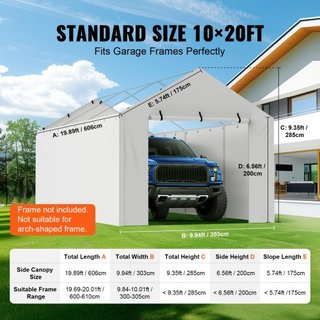 Cubierta de Lona de Reemplazo para Carport con Pared Lateral 10 x 20 pies, Refugio de Garaje Toldo Resistente al Agua y Protegido contra UV, Instalación Fácil con Bungee de Bola, Blanco (Parte Sup...