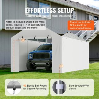 Cubierta de Lona de Reemplazo para Carport con Pared Lateral 10 x 20 pies, Refugio de Garaje Toldo Resistente al Agua y Protegido contra UV, Instalación Fácil con Bungee de Bola, Blanco (Parte Sup...