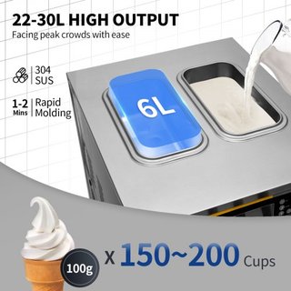 Máquina Comercial de Helados, Rendimiento de 22-30L/H, Máquina de Soft Serve de Encimera de 2200W con 2x6L de Tolva, Cilindro de 2L, Panel LCD, Alarma de Escasez de Puffing, Fabricador de Yogur He...