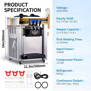 Máquina Comercial de Helados, Rendimiento de 22-30L/H, Máquina de Soft Serve de Encimera de 2200W con 2x6L de Tolva, Cilindro de 2L, Panel LCD, Alarma de Escasez de Puffing, Fabricador de Yogur He...
