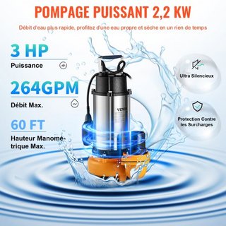 Bomba de Agua Sumergible, 2200W 60000L/H, con Cable de 8 m y Interruptor de Flotador Automático, Acero Inoxidable Portátil para Agua Sucia o Limpia, Drenar Inundaciones, Vaciar Estanques de Jardín...