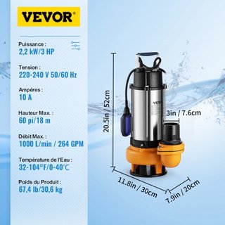 Bomba de Agua Sumergible, 2200W 60000L/H, con Cable de 8 m y Interruptor de Flotador Automático, Acero Inoxidable Portátil para Agua Sucia o Limpia, Drenar Inundaciones, Vaciar Estanques de Jardín...