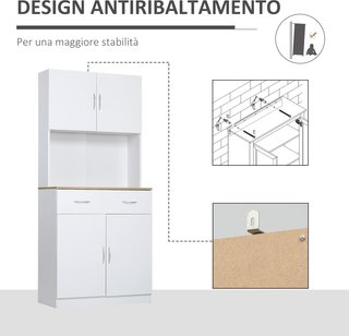 Mueble de Cocina Alto 180Cm Con Armarios de 2 Puertas y Cajón, Credenza Alta de Cocina en Madera Con Estantes Regulables, para Cocina, Comedor y Sala de Estar, 80X40X180 Cm, Blanco