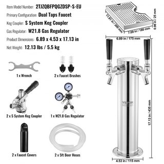 Kit de Torre de Kegerator, Kit de Conversión de Cerveza de Doble Grifo, Dispensador de Torre de Cerveza de Acero Inoxidable con Regulador de Doble Medida W21.8 y Acoplador de Barril de Sistema S, ...