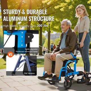 Caminador y Silla de Transporte 2 en 1 para Personas Mayores, Combo de Silla de Ruedas y Caminador Plegable con Reposapiés, Caminador de Movilidad de Aluminio Ligero con Mango Ajustable, Ruedas pa...