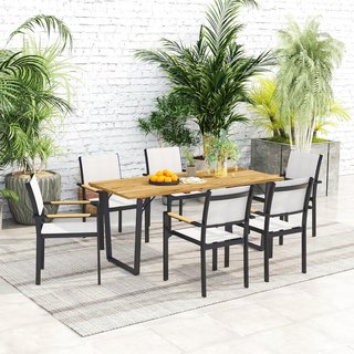 Mesa de Jardín para 6 Personas con Agujero para Sombrilla, Mesa de Comedor Rectangular de Madera y Acero, para Patio, Terraza, Balcón y Exterior, 175X80X75 Cm, Marrón