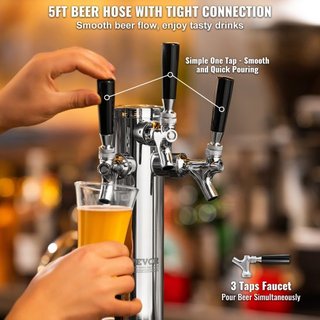 Dispensador de Torre de Cerveza de Tres Grifos, Torre de Cerveza de Acero Inoxidable, Kit de Torre Kegerator con Tubos Preensamblados y Grifos de Cierre Automático para Fiesta, Bar, Pub, Restaurante