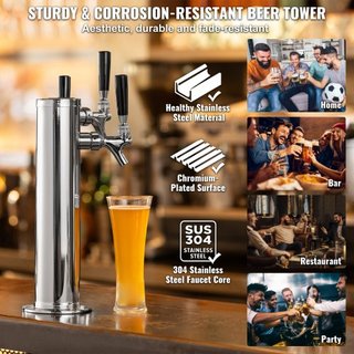 Dispensador de Torre de Cerveza de Tres Grifos, Torre de Cerveza de Acero Inoxidable, Kit de Torre Kegerator con Tubos Preensamblados y Grifos de Cierre Automático para Fiesta, Bar, Pub, Restaurante
