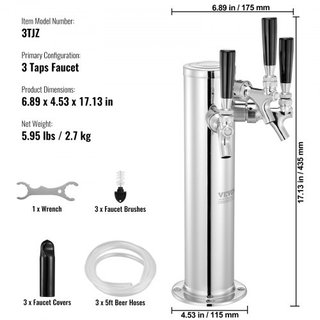 Dispensador de Torre de Cerveza de Tres Grifos, Torre de Cerveza de Acero Inoxidable, Kit de Torre Kegerator con Tubos Preensamblados y Grifos de Cierre Automático para Fiesta, Bar, Pub, Restaurante