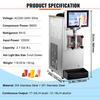 8L / 2.1 Gal Máquina de Slushy Comercial de Tazón Único Margarita Smoothie Bebida Congelada