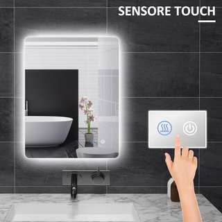 Espejo de Baño Con Luz LED 70X50 Cm, 3 Colores de Luz, 3000K-6500K, Interruptores Táctiles, Espejo de Pared Retroiluminado Con Brillo Regulable, Función de Memoria y Anti-empañamiento, IP44